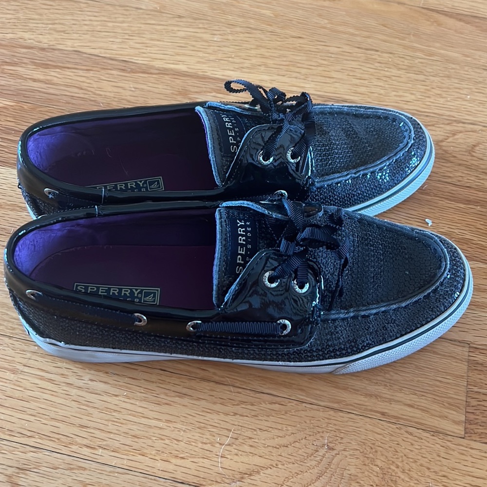 Black Sequin Patent Sperry Boat Shoes